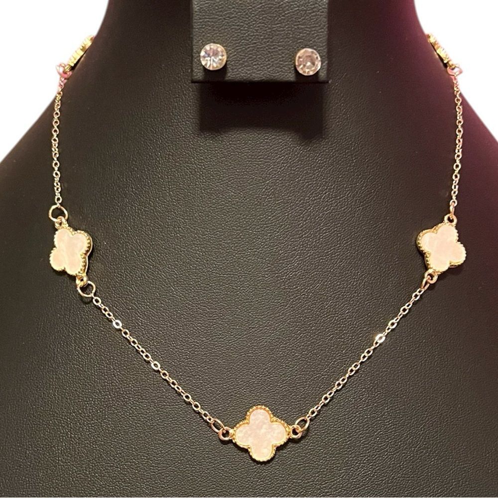 Elegant Cream Clover and Gold Necklace And CZ Earring Set
